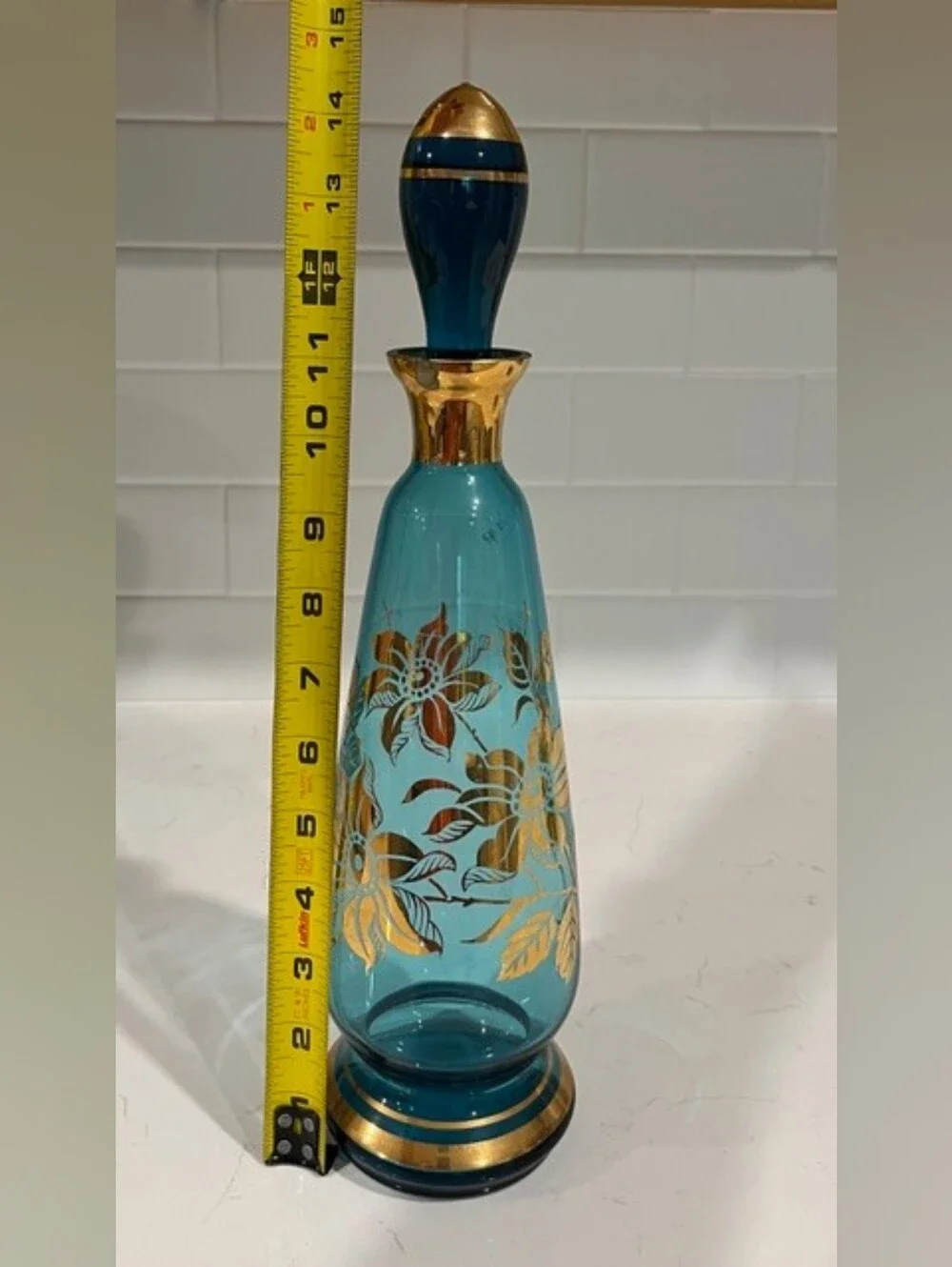 Vintage MCM Bohemian‎ Blue & Gold Gilded Liquor Decanter Set With 6 Glasses